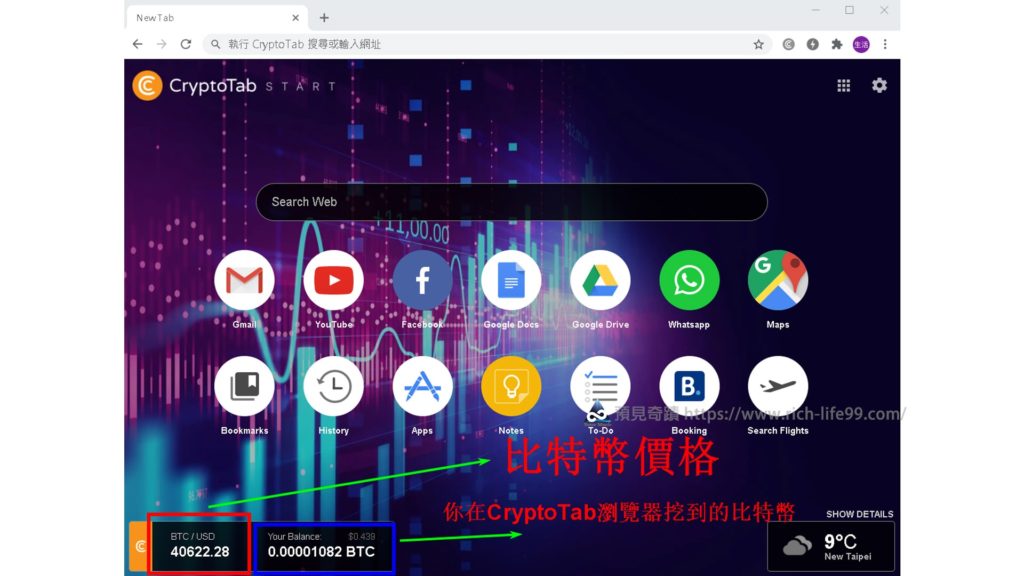 CryptoTab瀏覽器預設首頁介面說明